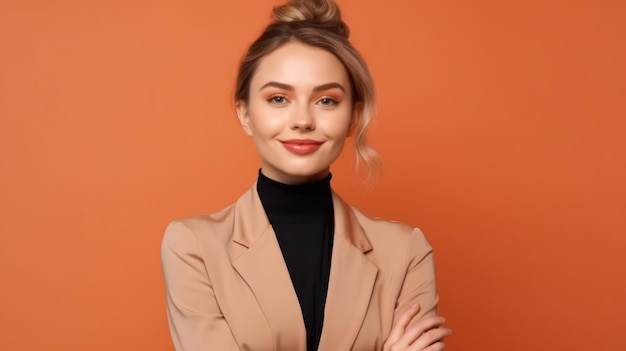 Portrait photo of young smile confident woman on color background