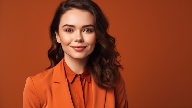 Portrait photo of young smile confident woman on color background