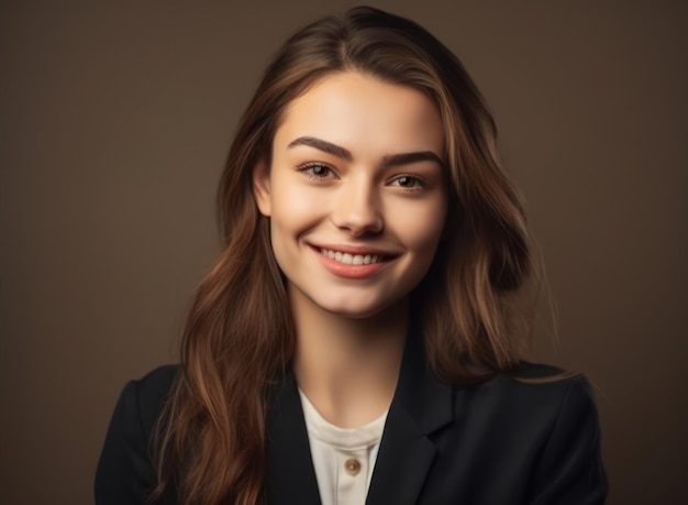 Portrait photo of young smile confident woman on color background