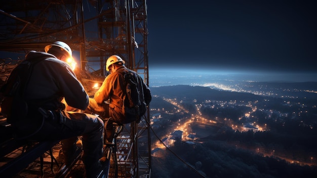 portrait photograph of power electrician Two people working at height wearing safety gear from a high voltage pylon