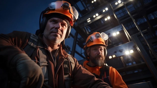 portrait photograph of power electrician Two people working at height wearing safety gear from a high voltage pylon