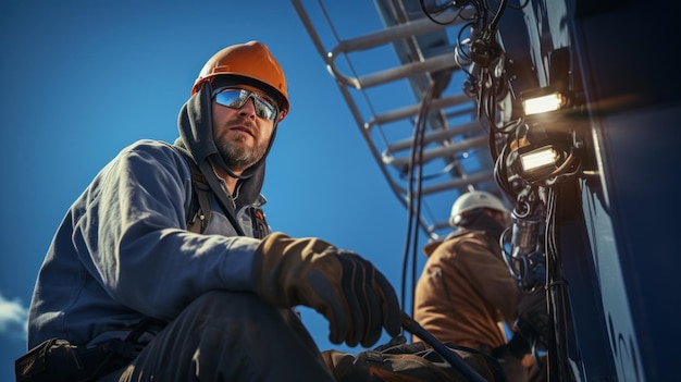 portrait photograph of power electrician Two people working at height wearing safety gear from a high voltage pylon