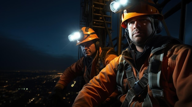 portrait photograph of power electrician Two people working at height wearing safety gear from a high voltage pylon