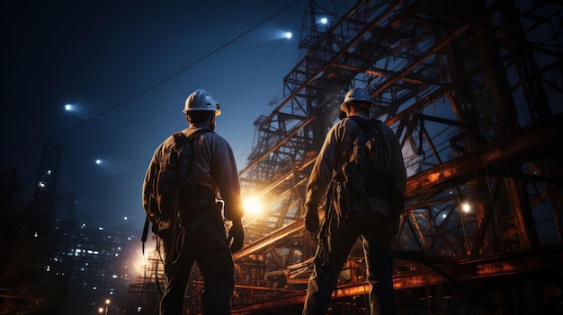 portrait photograph of power electrician Two people working at height wearing safety gear from a high voltage pylon