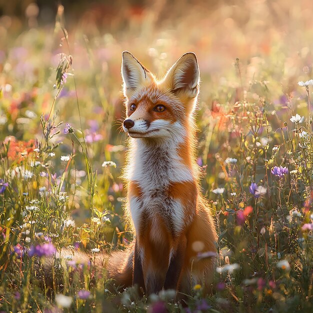 Portrait photography of a fox waiting in a meadow with wild flowers in the warm sunlight