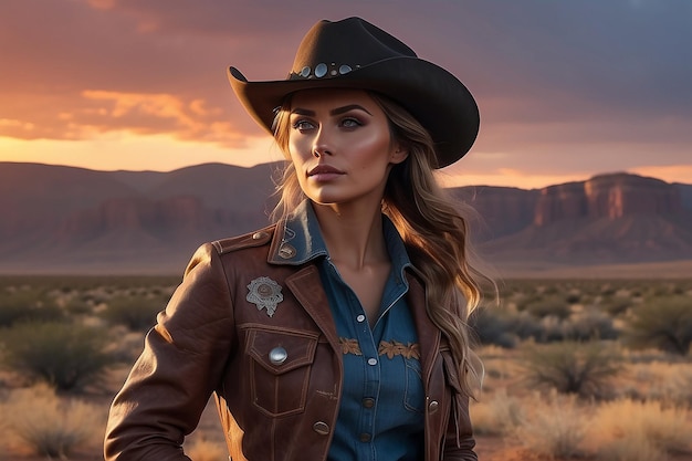 Portrait of photorealistic female cowboy at sunset