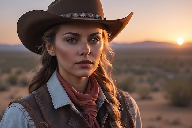 Portrait of photorealistic female cowboy at sunset