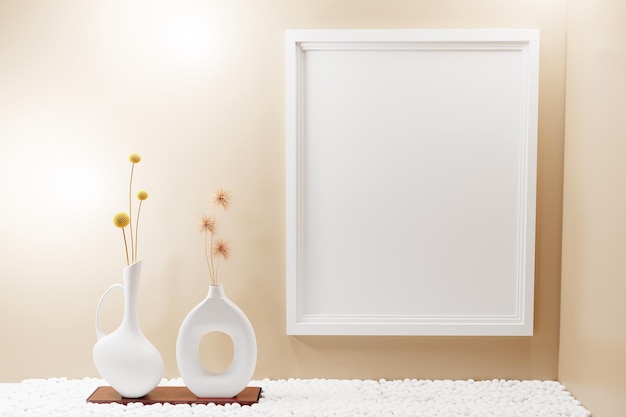 Portrait picture frame mockup on beige wall 3d render