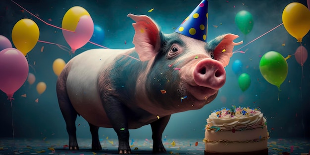 Portrait of a pig at his birthday party with party hat and has a wild cake with candles wearing a party hat balloons and confetti