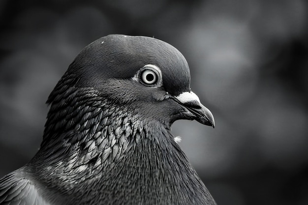 Portrait of a pigeon in black and white Closeup