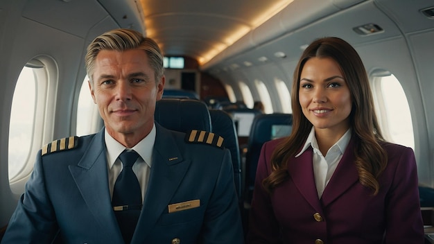 Portrait of Pilot and Stewardess in Airplane Cabin Before Flight