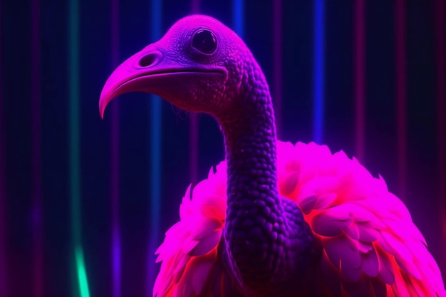 Portrait of a pink vulture in a dark room with neon lights