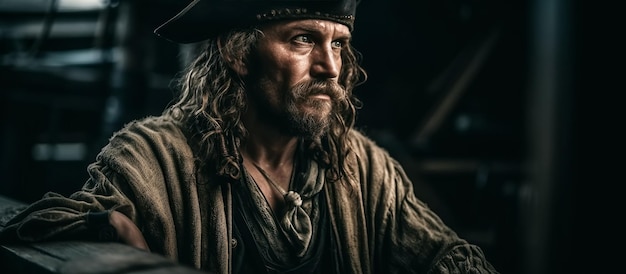 Portrait of pirate corsair captain in costume and hat on medieval ship at caribbean sea