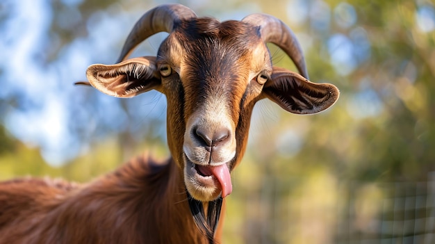 Photo portrait of a playful goat with tongue out