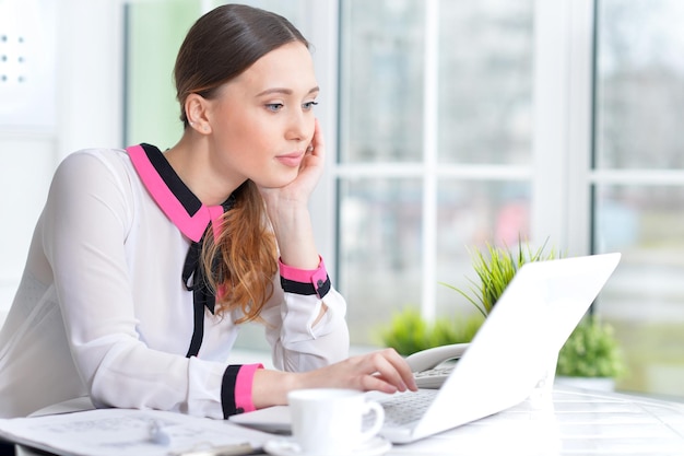 Portrait of a pleasant business woman with a laptop in the office