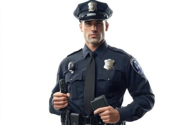 Portrait of a Police Officer in Uniform Holding a Badge and a Radio