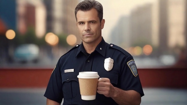 Portrait of a policeman with a cup of hot coffee against city vibes background with space for text