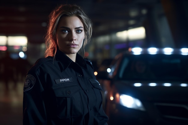 Portrait of Policewoman at night by police car lights flashing