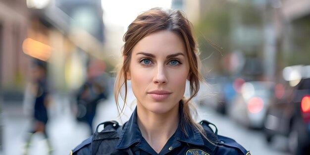 Portrait of policewoman in urban setting symmetrical photo centered professional photo copy space blurred background solid background Concept Urban Portraits Policewoman Symmetrical