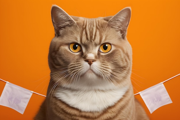 Portrait Portrait of a cat Scottish Straight with a banner in paws on a orange background photograph