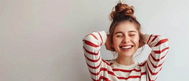 Photo portrait of positive girl raise opened arms smiling broadly on white background generative ai