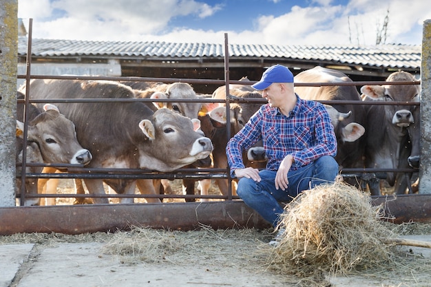 Portrait of a positive male farmer on a farm cows