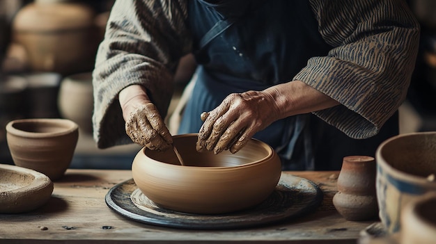 Photo portrait of a potter crafting clay pots in a rural workshop