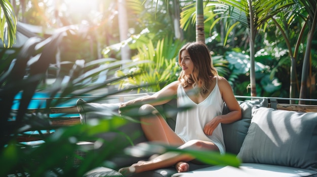 Photo portrait of a pretty caucasian young woman relaxing on a luxury sofa on outdoor patio living room