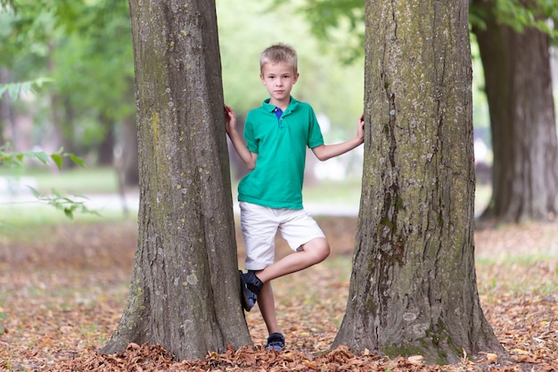 Portrait of a pretty cute child boy standing near big tree trunk in summer park outdoors.