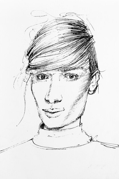 Portrait of pretty girl Closeup of woman face Drawing by hand with black ink on paper