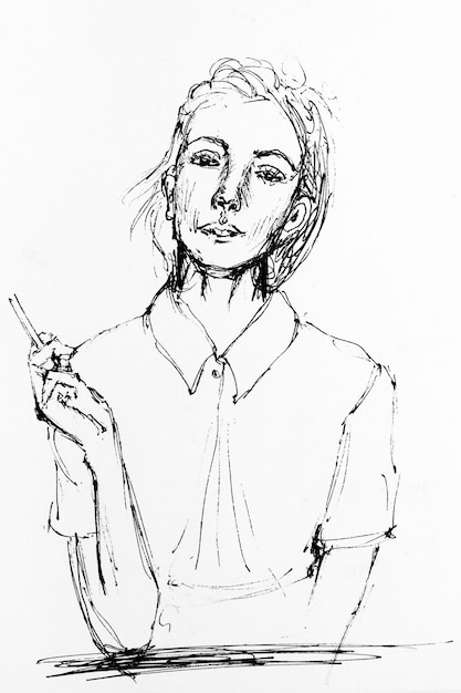 Photo portrait of pretty girl smoking cigarette drawing by hand with black ink on paper