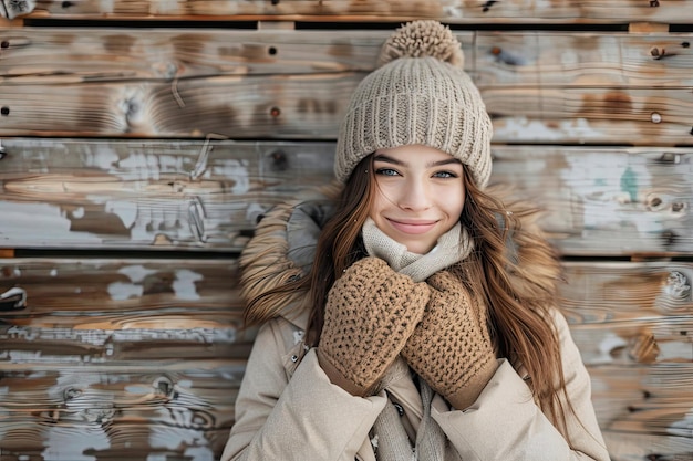 Photo portrait pretty girl with long hair in winter clothes and warm gloves on wooden she is smiling