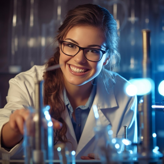 portrait of pretty young scientist checking chemistry sample