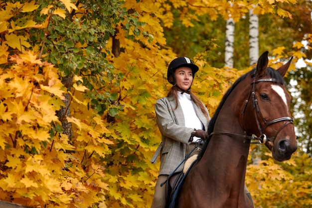 Portrait of a pretty young woman with a brown horse riding autumn day