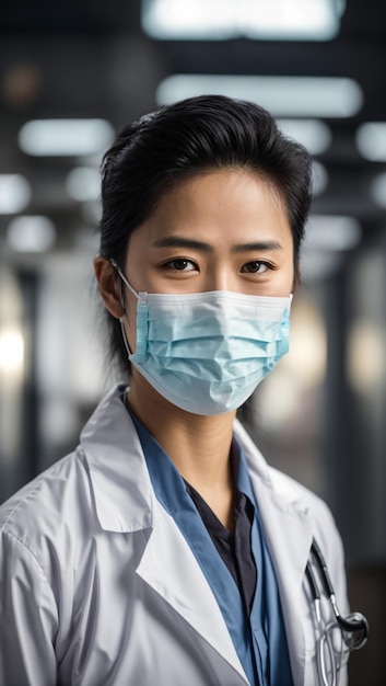 Portrait of a professional Asian doctor in an operating suit with surgical face mask and stethoscope