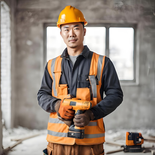 Portrait of a professional builder standing on a construction site indoors holding a hammer drill