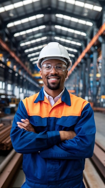 Portrait of Professional Heavy Industry Engineer Worker Wearing Uniform Glasses Hard Hat in Steel