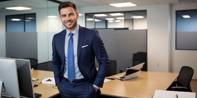 Portrait of a professional man smiling in a suit Business man standing in an office