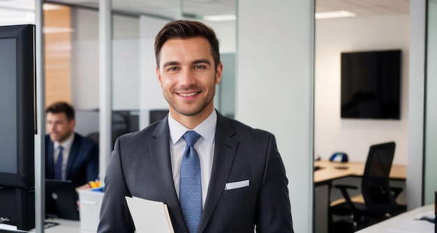 Portrait of a professional man smiling in a suit Business man standing in an office