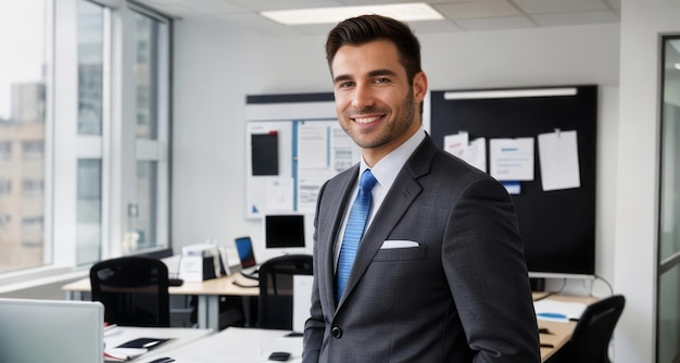 Portrait of a professional man smiling in a suit Business man standing in an office