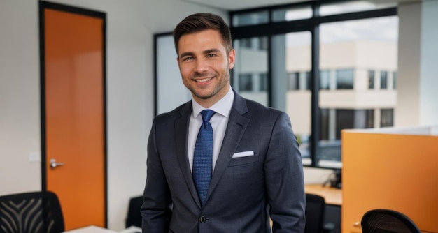 Portrait of a professional man smiling in a suit Business man standing in an office