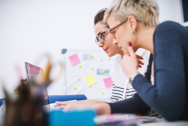 Photo portrait of professional middle aged women working together on projects in the office.