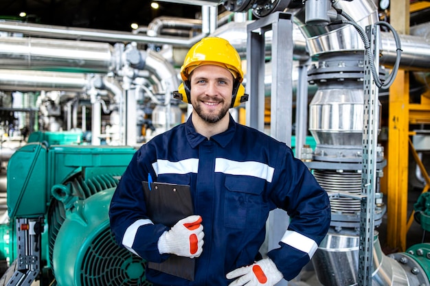 Portrait of professional refinery engineer standing in oil and gas production plant