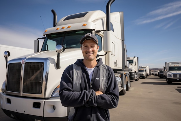 Portrait of professional smiling truck driver with crossed arms transporting cars to the market