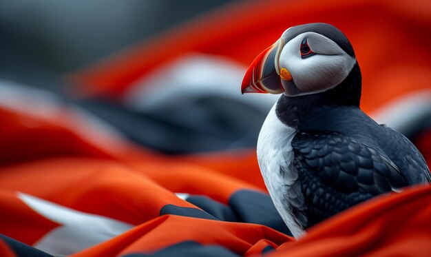 Portrait of Puffin standing on the background of the flag of Iceland a symbol of Iceland