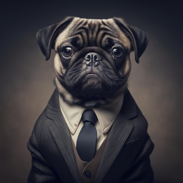 Portrait of a pug dog dressed in a formal business suit