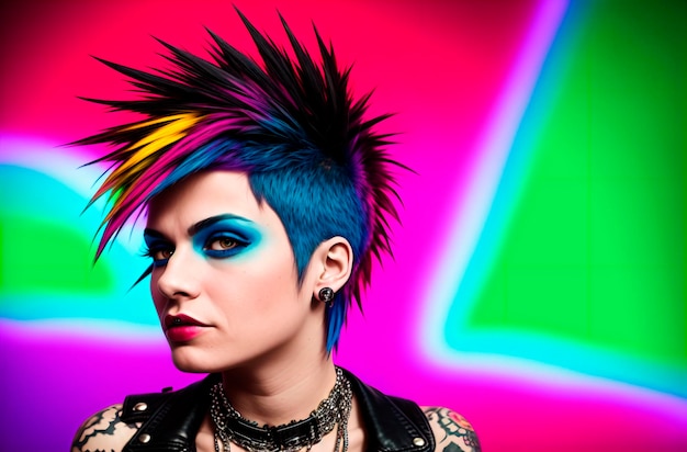 Portrait of a punk girl with bright make up and colorful hair Generative AI