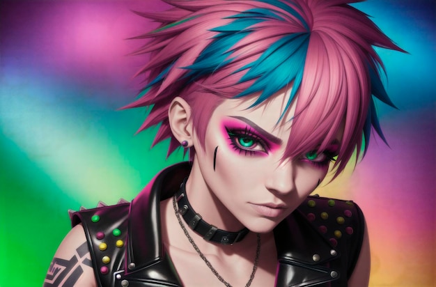 Portrait of a punk girl with bright make up and colorful hair Generative AI