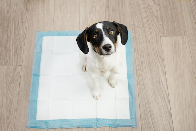 Portrait puppy dog sitting on a pee training pad looking up on wooden floor