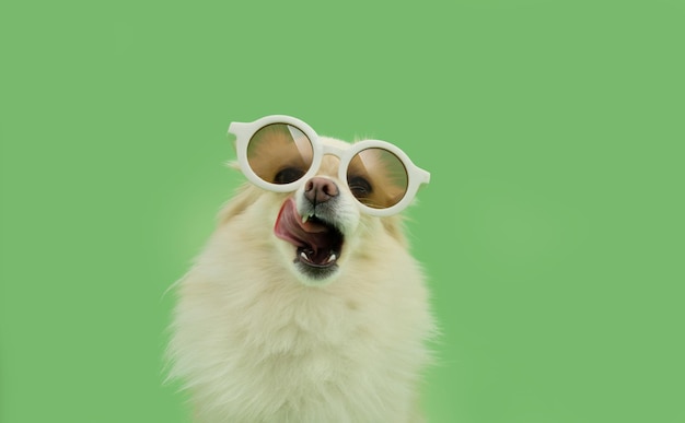 Portrait puppy pomeranian dog summer licking its lips with tongue Isolated on green pastel background